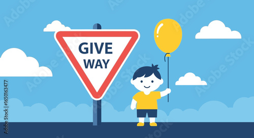 Happy Youngster Holds Balloon Beside Give Way Traffic Sign Under Sunny Sky