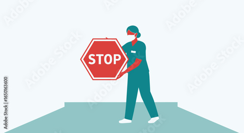 Health Worker Holding Stop Sign Symbolizing Health Crisis Prevention Protocol