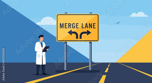 Healthcare Professional Stands by Road Sign Pointing to Merger Direction