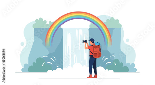 Hiker Capturing Scenic Waterfall View With Vibrant Rainbow In Background