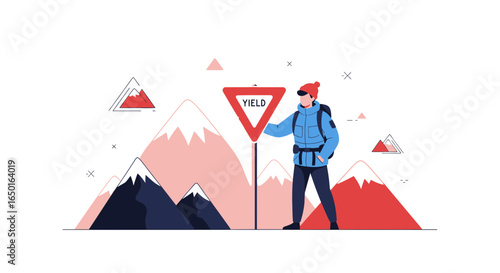 Hiker Holds A Yield Sign Standing In A Mountain Landscape On White Background