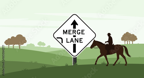 Horseman On A Pasture Merging Into The New Lane With Road Sign Concept