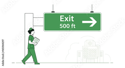 Hospital Exit Ahead Depicting Nurse Walking Towards The Hospital Building