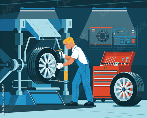Flat vector illustration of a mechanic balancing a car wheel on a machine in an auto repair shop.
