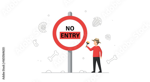 Illustrative Paleontologist Brushing Near Forbidden Dig Site With 'No Entry' Sign