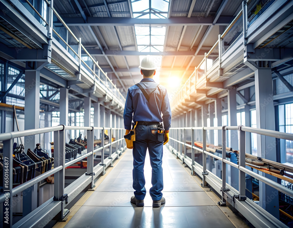 Obraz premium Factory Worker Standing in Industrial Hallway with Sunlight at the End