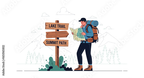 Lost Hiker Deciding On Trail Adventure Destination With Map Near Signpost