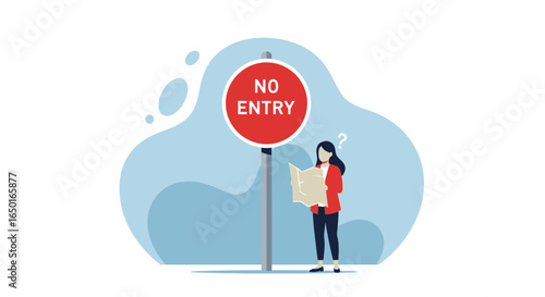 Lost In Translation Woman Confused Looking At Map Next To No Entry Sign