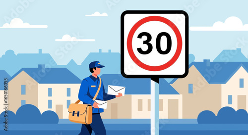 Mailman Delivers Letters On The Street With Speed Limit Sign And Houses
