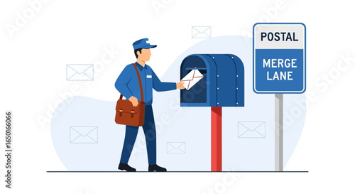 Mailman Delivering Mail Into Blue Mailbox With Postal Merge Lane Sign