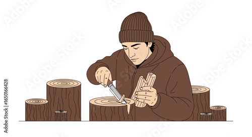 Man Carving Wood With Knife On Stump In Isolated Winter Landscape
