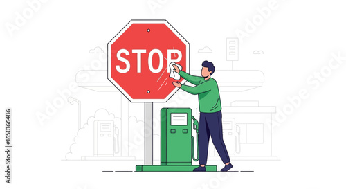 Man Cleaning A Stop Sign At A Gas Station For Road Safety