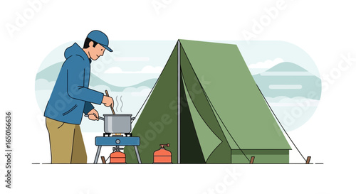 Man Cooking Food At Campsite During A Camping Trip In The Mountains