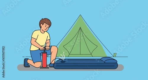 Man Inflating Mattress For Camping Trip Illustration In Outdoors Setting