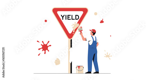 Man Painting A Yield Sign With Creative Splatter Effects On White Backdrop