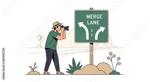 Man Photographing Merge Lane Sign Depicting Road Safety And Traffic Awareness