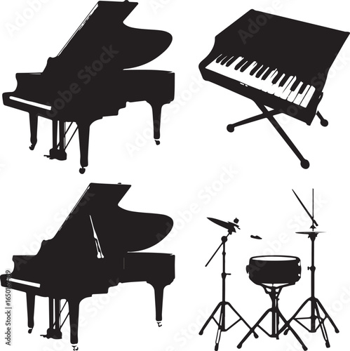 Grand pianos and drum set upright piano keyboard