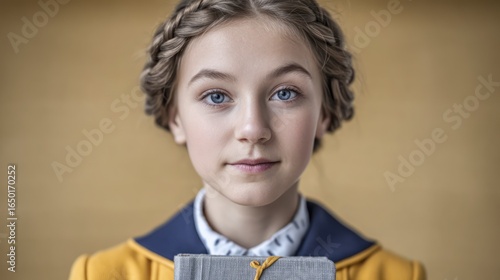 Young girl with braided hair and blue eyes holding a book Portrait Face