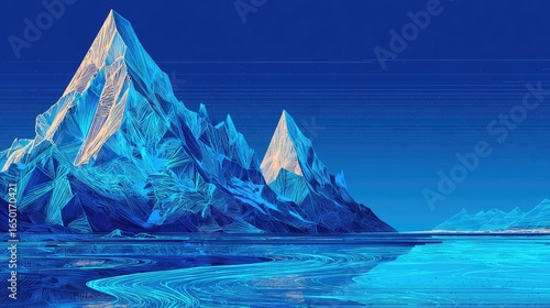 Azure crystalline peaks, ice-bound horizon