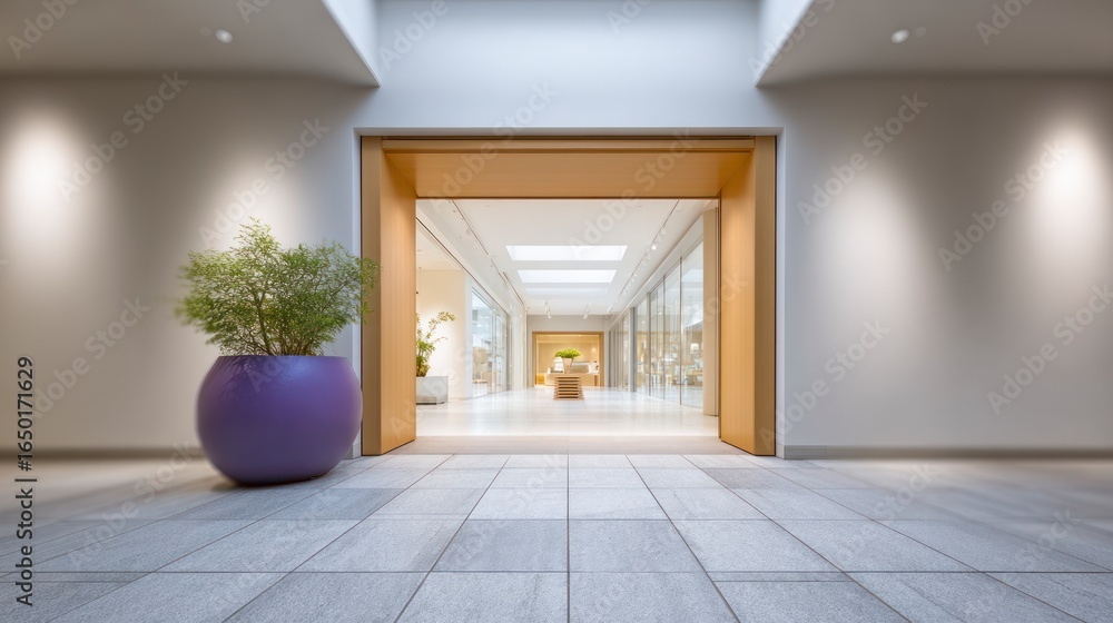 Fototapeta premium Modern interior walkway with open doors and a potted plant view through entrance