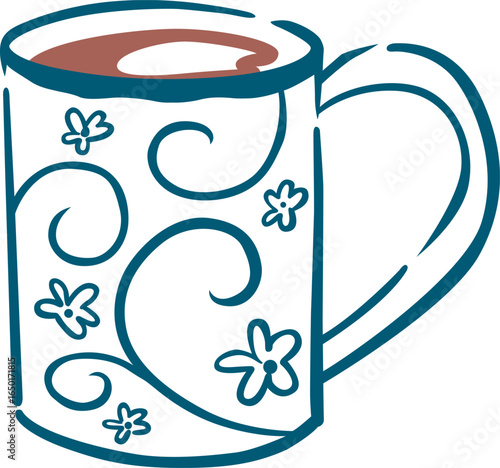 Indigo blue doodle tea mug illustration for decoration on cafe, afternoon tea and drinks concept.