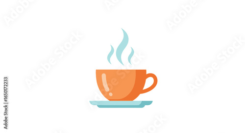 A flat design illustration of a steaming orange cup on a light blue saucer.