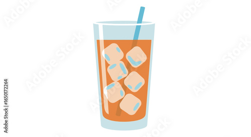 A tall glass of refreshing iced tea filled with ice cubes and a blue straw, flat vector style.