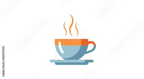 Minimalist two-tone blue and orange coffee cup on a saucer with rising steam.