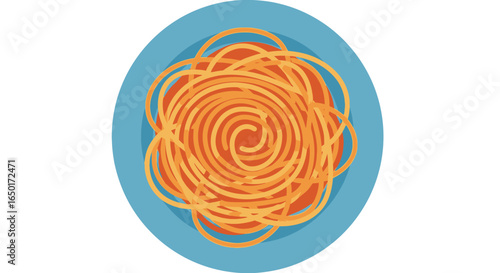 Stylized top-down illustration of swirled spaghetti pasta with tomato sauce on a blue plate.