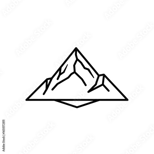 A minimalist black line art mountain icon with sharp geometric peaks and abstract linear details.