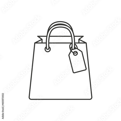 Minimalist black outline icon of a shopping bag with arched handles and a blank price tag.