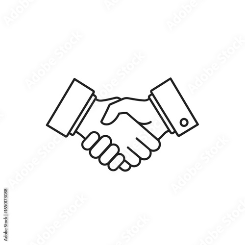 Simple black outline icon of a business handshake, a minimalist vector illustration of two hands in agreement with cuffed sleeves.