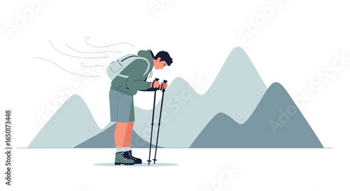 Man With Backpack Stands On Mountain Peak Wind Outdoor Activity