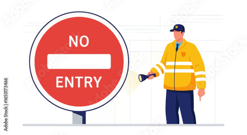 Man With Flashlight Pointing At No Entry Sign Representing Restriction