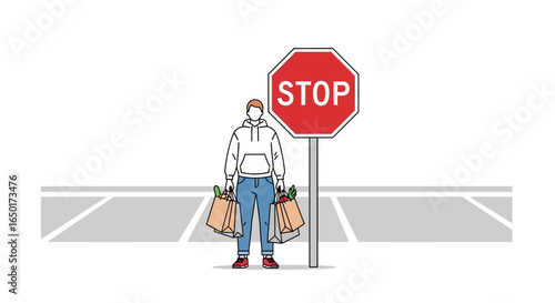 Man With Grocery Bags Stands Near Stop Sign After Shopping Trip