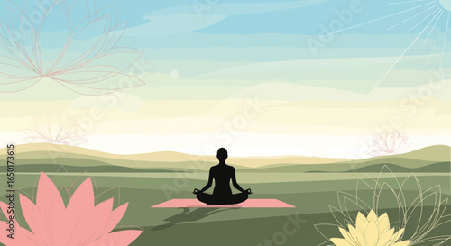 Meditative Serenity Woman Silhouette in Lotus Position with Floral Details