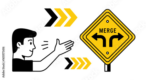 Merge Ahead Concept Illustrates Different Choices and Navigation Decision Making