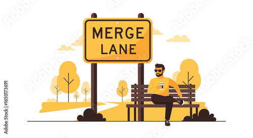 Merge Lane Concept Illustration Man Relaxing On Bench At Roadside Sign