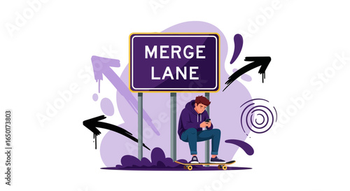 Merge Lane Sign With Depressed Skateboarder Sitting Using Mobile Phone