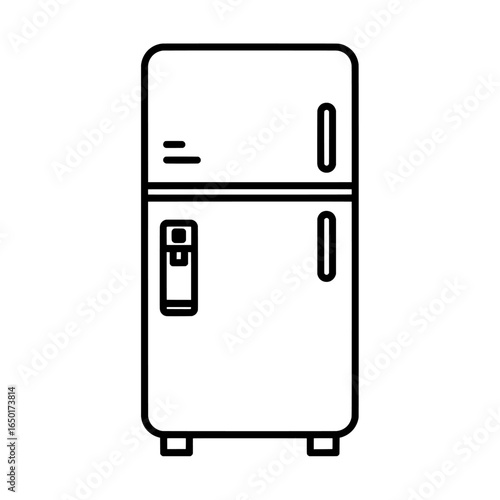 A simple line drawing of a refrigerator with freezer on top in black and white