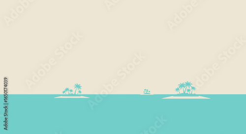 Minimalist Tropical Islands Landscape With Palm Trees In Azure Ocean
