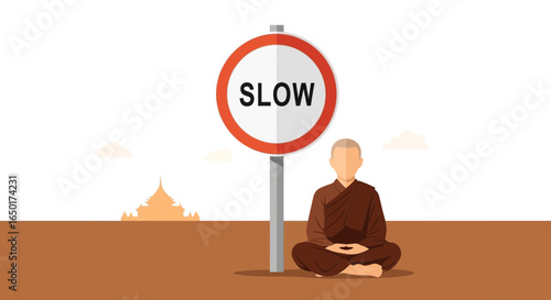 Monk's Meditation Journey Under The Road Sign To Slow Down A Life Tempo