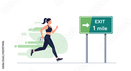 Motivated Woman Approaching The Finish Line Running Towards The Exit Sign