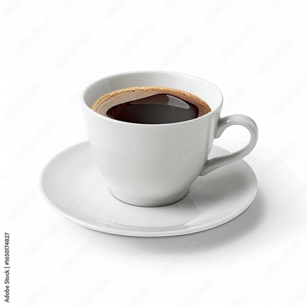 White ceramic coffee cup and saucer, filled with dark coffee White ceramic coffee cup and saucer, filled with dark coffee