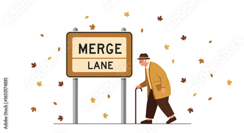 Navigating Life's Transitions Senior Man Walks Beside a Merge Lane Sign