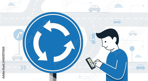Navigating Urban Landscapes Man Using Navigation App At Roundabout