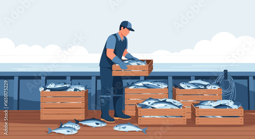 Offshore Catch Fresh Fish Delivery From Fisherman Harvesting In Sea