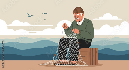 Old Fisherman Mending Fishing Net Near The Sea At Summer Day Illustration
