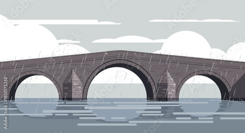 Old Stone Bridge Silhouette Reflecting In Water On A Rainy Day Landscape