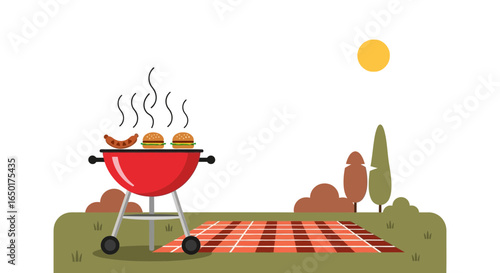Outdoor Summer Barbecue Scene With Grill, Burgers, Sausage And Picnic Blanket